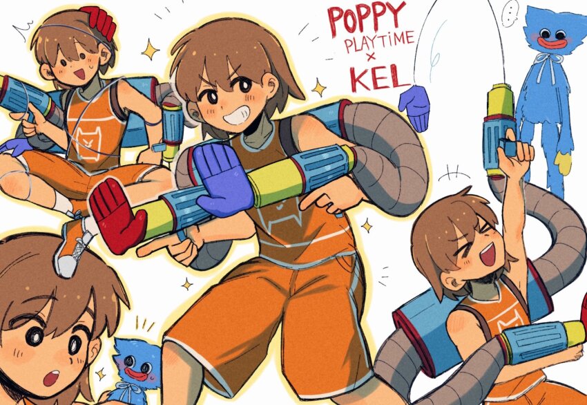 &gt;_&lt; ... 1boy 1other :d alternate_eye_color black_eyes blush bright_pupils brown_hair character_name collarbone copyright_name crossover dark-skinned_male dark_skin grin huggy_wuggy kel_(faraway)_(omori) kel_(omori) omori open_mouth orange_shoes orange_shorts parted_lips pasuta928008 poppy_playtime shoes short_hair shorts smile sneakers socks sparkle speech_bubble spoken_ellipsis teeth upper_teeth_only white_pupils white_socks xd