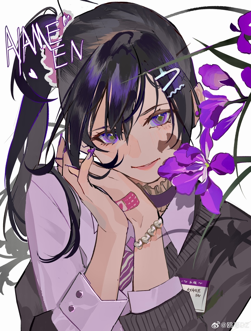 1girl absurdres ayame_en_(ouge_dz) bandaid bandaid_on_hand bead_bracelet beads black_hair black_jacket bow bowtie bracelet buttons character_name chinese_commentary choker collared_shirt colored_inner_hair commentary_request diamond-shaped_pupils diamond_(shape) earrings eyelashes floral_background flower frilled_choker frills gyaru hair_between_eyes hair_ornament hair_scrunchie hairclip hand_on_own_cheek hand_on_own_face happy heart_bracelet highres interlocked_fingers iris_(flower) jacket jacket_partially_removed jewelry layered_sleeves lipstick long_hair long_sleeves looking_at_viewer loose_hair_strand makeup multicolored_hair nail_art nail_polish name_tag original ouge_dz own_hands_together parted_lips pink_lips pink_scrunchie purple_bow purple_bowtie purple_choker purple_eyes purple_flower purple_hair purple_nails purple_shirt scrunchie shirt side_ponytail sleeve_cuffs smile solo striped_bow striped_bowtie striped_clothes stud_earrings sweater_jacket symbol-shaped_pupils teeth two-tone_hair upper_body watermark weibo_watermark white_background