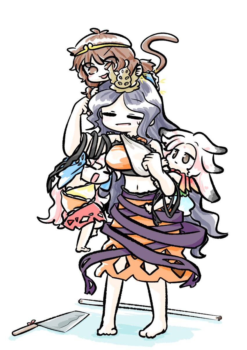 4girls arm_ribbon blue_hair blue_sleeves bo_staff chirizuka_ubame circlet cleaver clenched_hands crown diamond_cutout dress gold_circlet hanging_on_arm highres holding_another&#039;s_arm houjuu_chimi long_hair monkey_girl monkey_tail multicolored_dress multiple_girls nata_(tool) navel on_head orange_dress orange_skirt person_on_head ribbon sakata_nemuno simple_background single-shoulder_dress skirt son_biten tail tanishi_0 touhou wavy_hair white_background white_hair