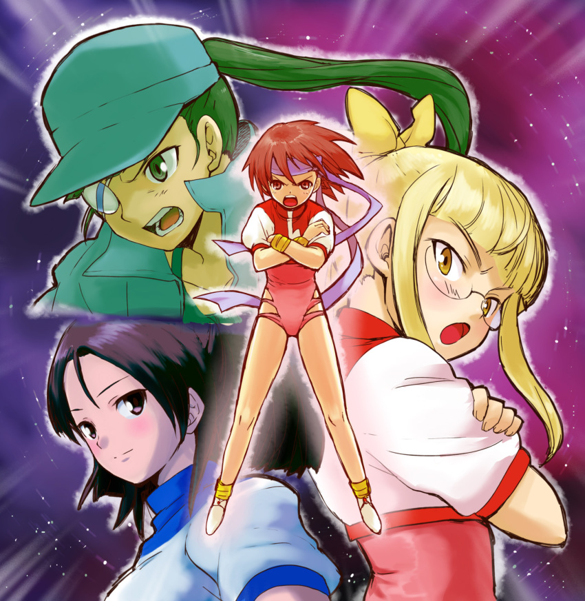 4girls amano_kazumi aoba_(smartbeat) baseball_cap bow crossed_arms eyepatch glasses gunbuster_pose hat headband highres jung_freud koichiro_ohta leotard minna-dietlinde_wilcke miyafuji_yoshika multiple_girls oota_kouichirou parody perrine_h._clostermann sakamoto_mio strike_witches takaya_noriko top_wo_nerae! top_wo_nerae!_(series) world_witches_series yellow_bow