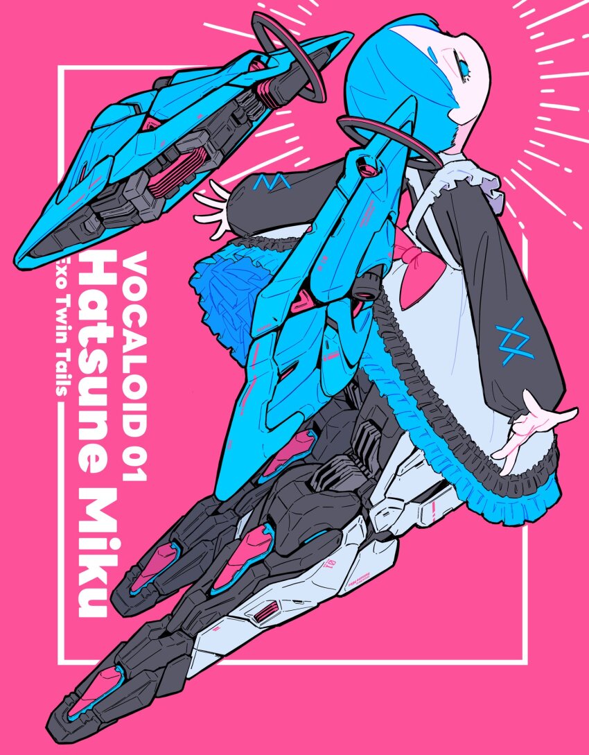 1girl apron blue_eyes blue_hair bow dress facing_up frilled_dress frills from_behind full_body hair_ornament hatsune_miku highres inset_border iwako_(eiken3kyuboy) long_hair long_sleeves lowered_eyelids mechanical_hair mechanical_legs outstretched_arms petticoat pink_background pink_bow simple_background solo twintails vocaloid white_apron