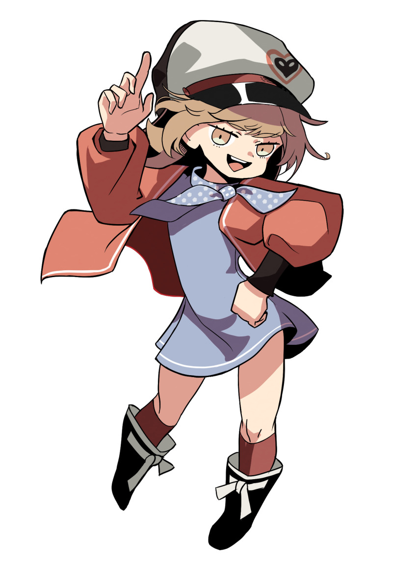 1girl :d ankle_boots black_boots blue_dress blue_neckerchief boots brown_hair newsboy_cap deformed dress full_body hand_up hat highres index_finger_raised jacket kneehighs legs_apart long_sleeves looking_at_viewer neckerchief open_mouth orange_eyes polka_dot_neckerchief puffy_long_sleeves puffy_sleeves red_jacket red_socks regulus_(reverse:1999) reverse:1999 short_dress short_hair smile socks solo standing teeth thiepriest upper_teeth_only white_background