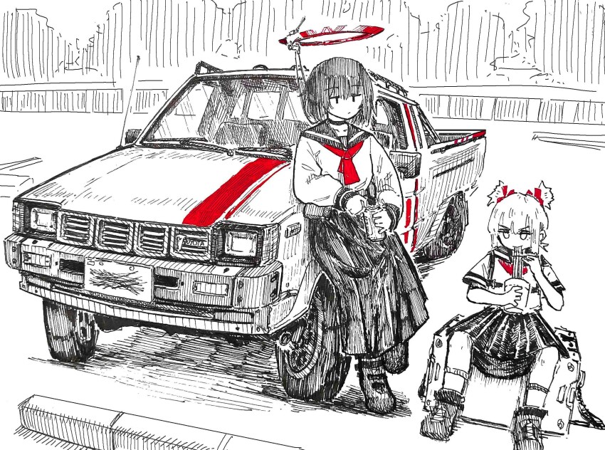 &gt;:) 2girls asahi_(shiokaze1409) beer_can can car chopsticks deadpan drink_can eating food halo highres holding holding_chopsticks mechanical_halo motor_vehicle multiple_girls noodles original outdoors ramen sailor_collar shiokaze1409 sitting skirt toyota toyota_hilux v-shaped_eyebrows vehicle_request yuuko_(shiokaze1409)