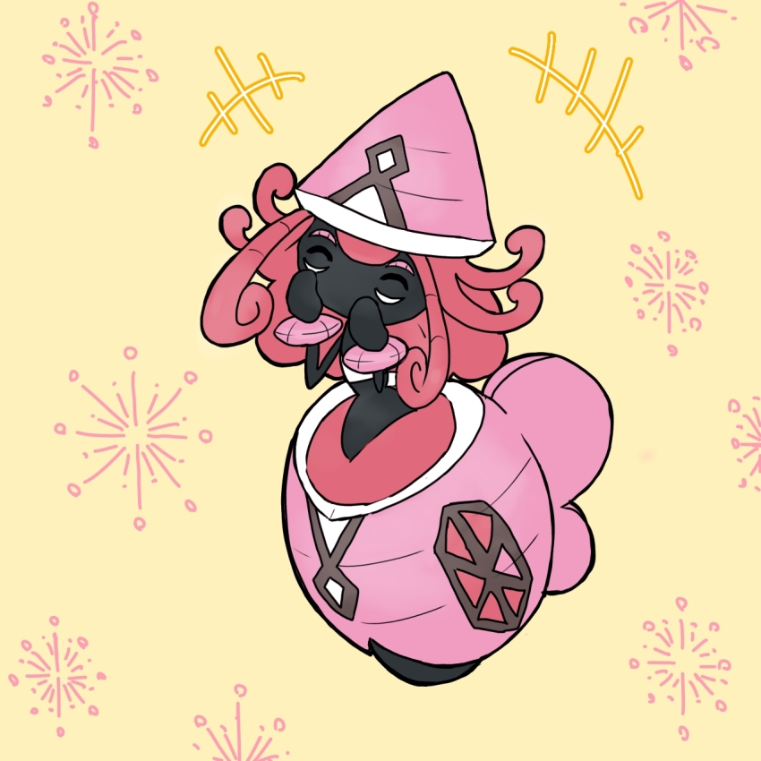 +++ 1girl ^_^ bandeau black_skin closed_eyes colored_skin female_focus flat_chest full_body gen_7_pokemon hands_up happy hat laughing legendary_pokemon long_hair monya nintendo no_mouth pink_hair pink_hat pokemon pokemon_(creature) sidelocks solo tapu_lele white_bandeau yellow_eyes