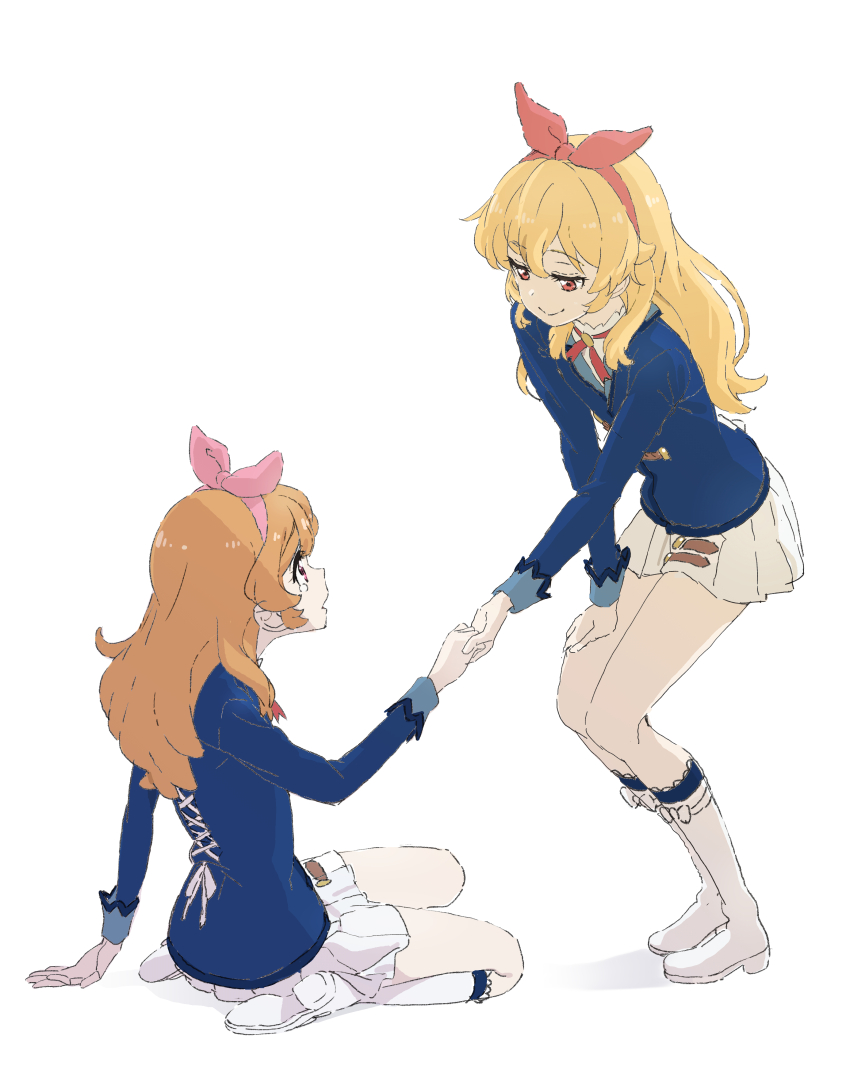 2girls absurdres aikatsu! aikatsu!_(series) arm_at_side blue_shirt boots bow bow_hairband commentary dot_nose eye_contact from_side full_body hair_bow hairband hand_on_ground hand_on_own_thigh hand_up highres holding_hands hoshimiya_ichigo leaning_forward legs_together long_hair long_sleeves looking_at_another miniskirt multiple_girls open_mouth orange_hair ozora_akari pink_bow pink_hairband pleated_skirt red_bow red_eyes red_hairband saitou_atsushi_(kamatamanankotu) school_uniform shirt simple_background sitting skirt smile star_harmony_academy_school_uniform straight_hair tears wariza white_background white_footwear white_skirt