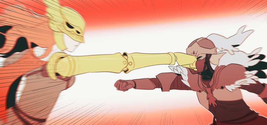 1280x720 1girl 1other armor bloody_wolf_(elden_ring) cape covered_eyes dress elden_ring helmet highres long_hair malenia_blade_of_miquella mechanical_arms prosthesis prosthetic_arm punching red_cape red_hair single_mechanical_arm tarnished_(elden_ring) very_long_hair winged_helmet
