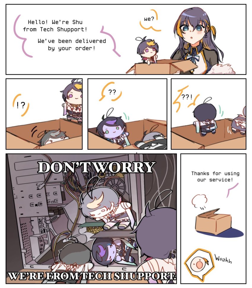 !? 1girl ? ?? blossemku blue_eyes box cable cardboard_box character_doll comic computer computer_fan computer_tower doll english_text highres long_hair multiple_boys multiple_persona nijisanji nijisanji_en open_mouth petra_gurin petra_gurin_(2nd_costume) pun ribbon_cable shu_yamino smile tech_support virtual_youtuber