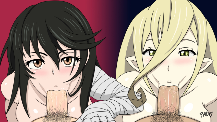 2boys 2girls :&gt;= black_hair blonde_hair blush dark-skinned_male dark_skin facing_viewer fellatio hetero highres looking_at_another looking_at_viewer magilou_(tales) multiple_boys multiple_girls oral padm penis pointy_ears pubic_hair tales_of_(series) tales_of_berseria text_focus uncensored velvet_crowe yellow_eyes