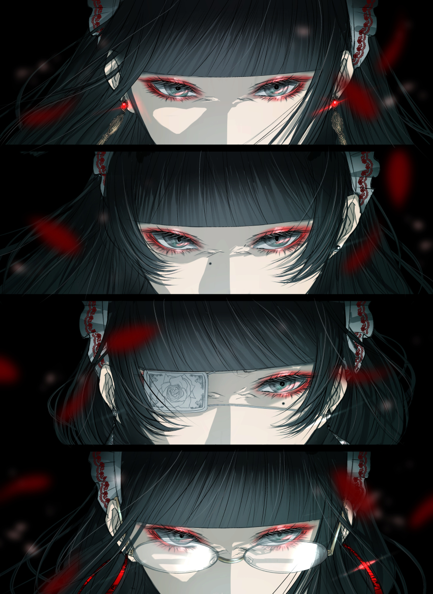 4girls absurdres black_hair blunt_bangs earrings eyepatch eyeshadow falling_petals floral_print glasses highres jewelry long_hair looking_at_viewer maid maid_headdress makeup medical_eyepatch mole mole_under_eye multiple_girls original persona_eyes petals red_eyeshadow satsuki_kei sidelocks