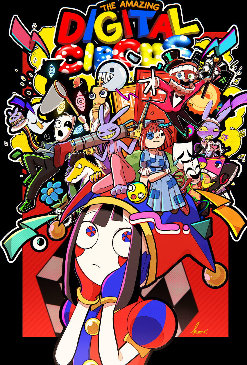 !? abstraction_(the_amazing_digital_circus) absurdres asymmetrical_gloves black_bow black_bowtie black_shoes blue_bow blue_flower blush bow bowtie bubble_(the_amazing_digital_circus) butterfly_net caine_(the_amazing_digital_circus) cane character-themed_food copyright_name crossdressing everyone flower frown gangle_(the_amazing_digital_circus) gloves gummigoo hair_bow hand_net hat heart highres holding holding_butterfly_net holding_cane jax_(the_amazing_digital_circus) kinger_(the_amazing_digital_circus) maid_headdress mismatched_gloves mixed-language_commentary moon_(the_amazing_digital_circus) multicolored_eyes multiple_boys multiple_girls necktie nushikochan overalls plant pomni_(the_amazing_digital_circus) potted_plant ragatha_(the_amazing_digital_circus) red_hair shoes sun_(the_amazing_digital_circus) the_amazing_digital_circus top_hat two-tone_eyes white_gloves yellow_gloves zooble_(the_amazing_digital_circus)