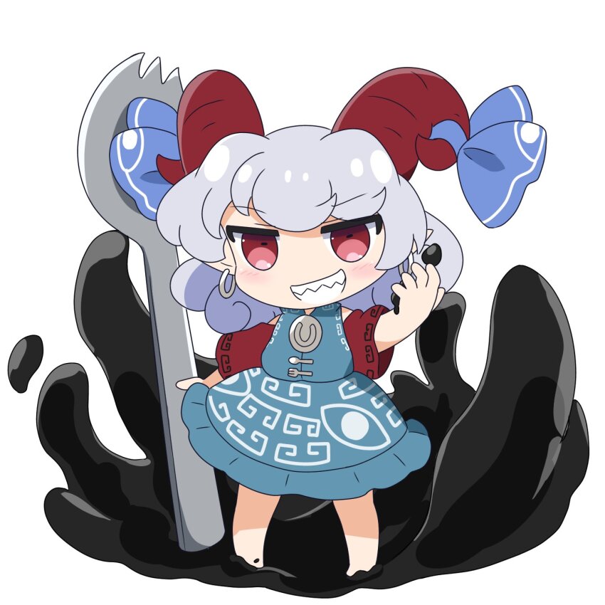 1girl barefoot blue_dress blue_ribbon blush commentary_request curly_hair darkness detached_sleeves dress earrings eye_print frilled_dress frills full_body grey_hair grin hand_up highres holding holding_spork horn_ornament horn_ribbon horns jewelry looking_at_viewer meandros pointy_ears red_eyes red_horns red_sleeves ribbon rizleting sharp_teeth sheep_horns short_hair simple_background sleeveless sleeveless_dress smile solo spork standing teeth touhou toutetsu_yuuma white_background