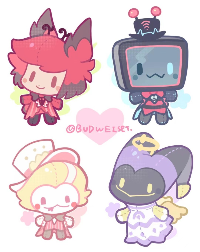4boys :3 adam_(hazbin_hotel) alastor_(hazbin_hotel) angel animal_ears blonde_hair bow bowtie chibi chibi_only chinese_commentary commentary_request deer_boy deer_ears full_body halo hat hazbin_hotel highres jiusui396 lucifer_morningstar_(hazbin_hotel) male_focus monster_boy multiple_boys red_hair short_hair smile solid_oval_eyes standing television top_hat vest vox_(hazbin_hotel)