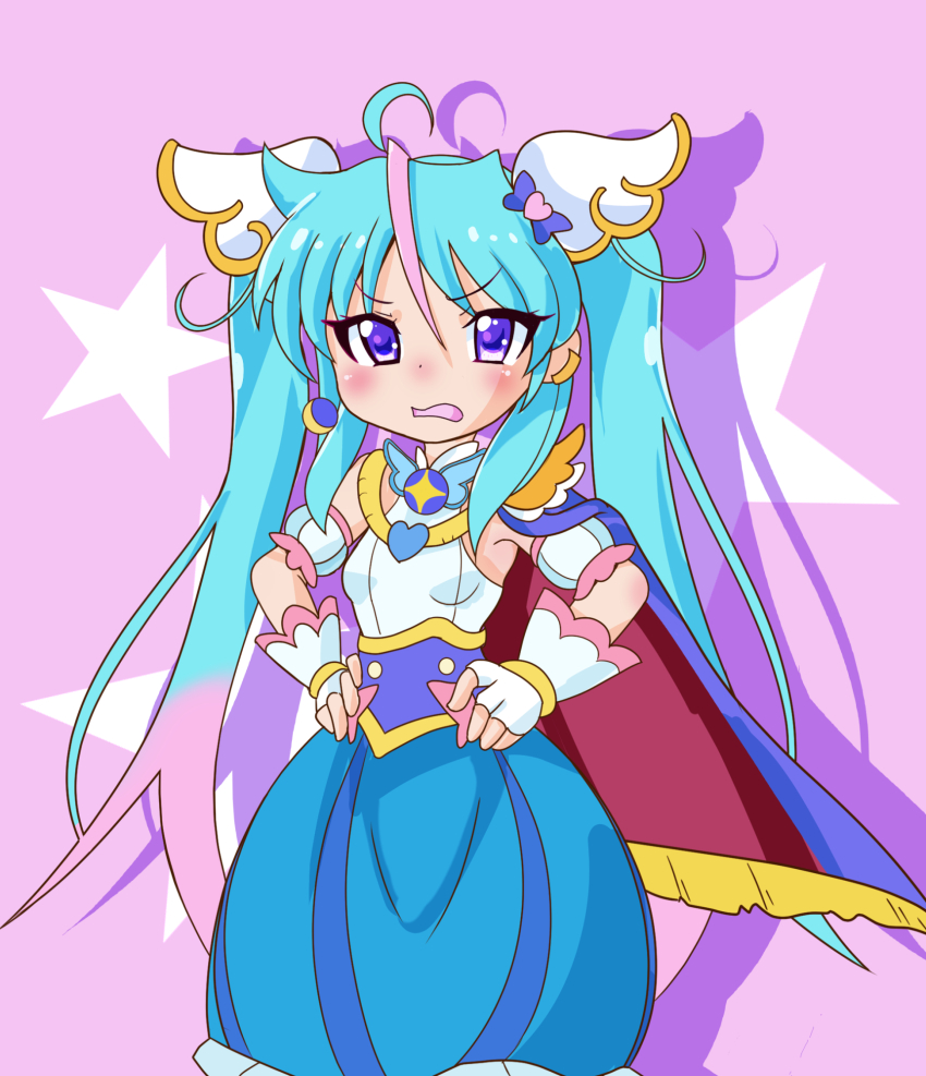 1girl ahoge alternate_hair_color bare_shoulders blue_cape blue_hair blush bow breasts brooch cape commentary cosplay cure_sky cure_sky_(cosplay) detached_sleeves dot_nose dress dress_bow drop_shadow earclip earrings embarrassed feet_out_of_frame fingerless_gloves frilled_dress frills gloves gradient_hair hair_between_eyes hair_ornament hairstyle_connection hands_on_own_hips highres hiiragi_kagami hirogaru_sky!_precure jewelry long_hair looking_at_viewer lucky_star magical_girl multicolored_hair nose_blush open_mouth pink_bow pink_hair pink_streaks precure puffy_detached_sleeves puffy_sleeves purple_eyes red_cape short_dress single_earring sleeveless sleeveless_dress small_breasts solo star_(symbol) tsurime twintails two-sided_cape two-sided_fabric two-tone_dress two-tone_hair very_long_hair white_dress white_gloves wing_brooch wing_hair_ornament yoppi98ro