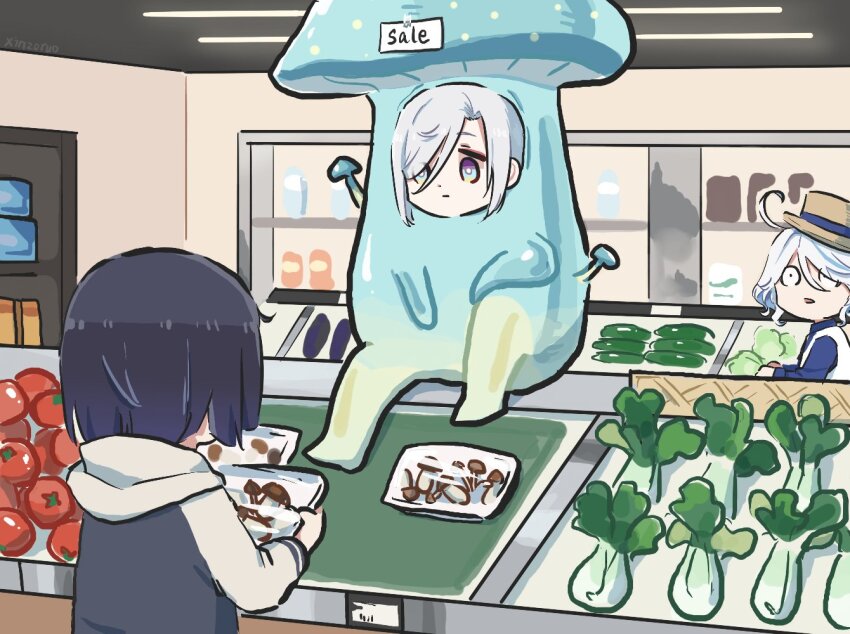 aisle diagonal_bangs food food_packaging furina_(genshin_impact) genshin_impact groceries hair_over_one_eye mushroom price_tag shenhe_(genshin_impact) shiitake shop shopping supermarket vegetable xinzoruo yelan_(genshin_impact)