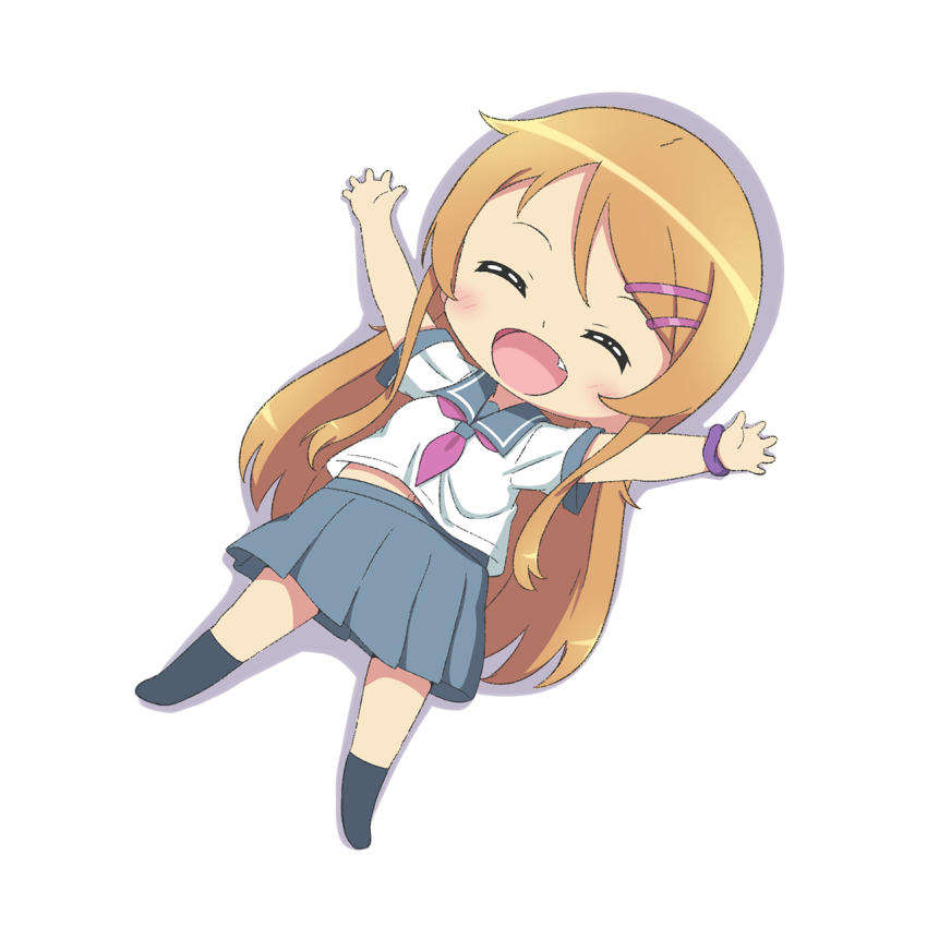 1girl black_socks chibi chibi_only closed_eyes fang full_body grey_sailor_collar grey_skirt hair_ornament hairclip highres kousaka_kirino kousaka_kirino&#039;s_school_uniform light_blush long_hair lying midriff_peek neckerchief no_shoes on_back open_mouth orange_hair ore_no_imouto_ga_konna_ni_kawaii_wake_ga_nai pleated_skirt purple_neckerchief purple_scrunchie sailor_collar scarletsky school_uniform scrunchie shadow shirt simple_background skirt smile socks solo white_background white_shirt wrist_scrunchie