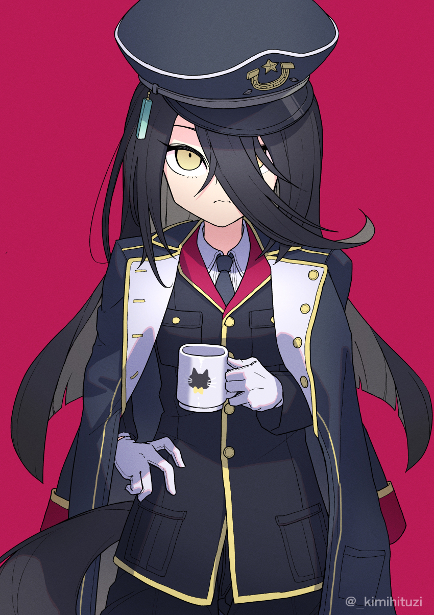 1girl absurdres animal_ears animal_print black_coat black_hair black_hat black_jacket black_necktie black_pants cat_print coat coat_on_shoulders collared_shirt cup ear_tag gloves hair_between_eyes hand_up hat highres holding holding_cup horse_ears horse_girl horse_tail jacket kimihitsuji long_hair long_hair_between_eyes manhattan_cafe_(umamusume) multiple_girls necktie open_clothes open_coat pants purple_eyes red_background shirt simple_background solo tail twitter_username umamusume very_long_hair white_gloves white_shirt yellow_eyes