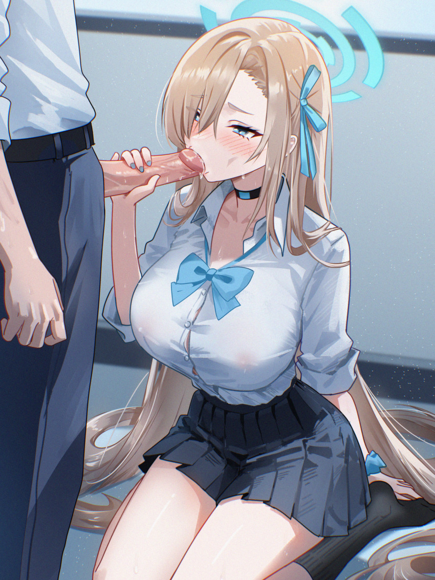 1boy 1girl absurdly_long_hair ahhgik asuna_(blue_archive) asuna_(school_uniform)_(blue_archive) asymmetrical_bangs black_choker blue_archive blue_bow blue_bowtie blue_halo blue_ribbon blue_scrunchie bow bowtie breasts button_gap choker commentary english_commentary fellatio hair_over_one_eye halo hetero highres huge_breasts long_hair loose_bowtie nail_polish official_alternate_costume oral penis penis_out ribbon school_uniform scrunchie shirt_tucked_in sitting solo very_long_hair wariza wrist_scrunchie