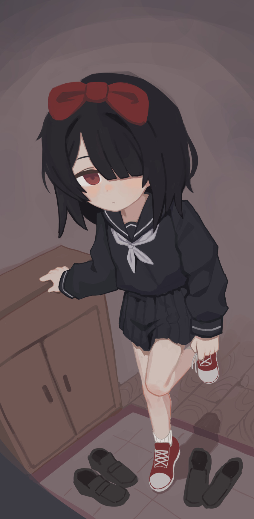 1girl absurdres black_hair black_sailor_collar black_serafuku black_shirt black_shoes black_skirt blush bow child closed_mouth commentary_request female_focus grey_neckerchief hair_bow hair_over_one_eye highres indoors korean_commentary lakilolom loafers long_sleeves looking_at_viewer neckerchief original pleated_skirt puffy_long_sleeves puffy_sleeves red_bow red_eyes red_shoes ribbed_socks sailor_collar school_uniform serafuku shirt shoes skirt sleeves_past_wrists socks solo standing standing_on_one_leg white_socks