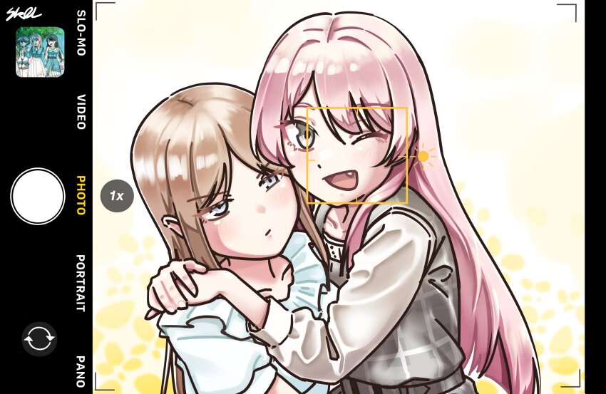 2girls absurdres bang_dream! bang_dream!_it&#039;s_mygo!!!!! blue_eyes blush brown_hair chihaya_anon fake_phone_screenshot fake_screenshot fang grey_eyes highres long_hair looking_at_viewer multiple_girls nagasaki_soyo one_eye_closed open_mouth photo_(object) pink_hair shiina_taki skol16653828240 smile takamatsu_tomori upper_body yuri