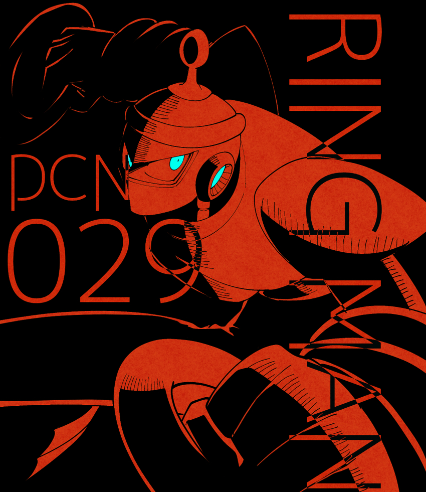 1boy aqua_sclera arm_up armor black_background character_name colored_sclera commentary_request hand_up hatching_(texture) helmet highres holding industrial_pipe leg_up limited_palette looking_at_viewer male_focus mega_man_(classic) mega_man_(series) mega_man_4 monochrome red_theme ring_man robot_ears shoulder_armor simple_background solo spot_color text_background yamada_piiyangu