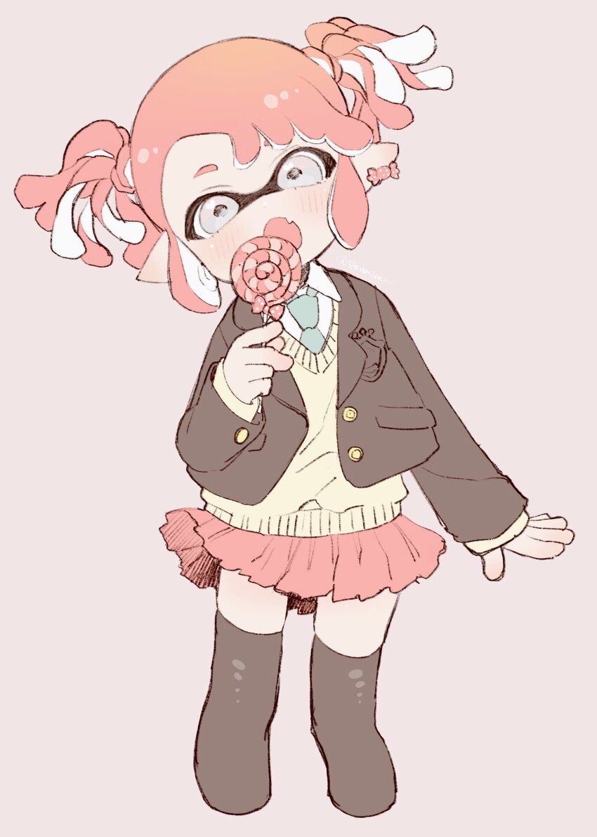 1girl :o amezawa_koma brown_jacket brown_thighhighs candy collared_shirt commentary_request cropped_jacket cropped_legs earrings eating fang food green_necktie grey_eyes head_tilt highres holding holding_candy holding_food holding_lollipop inkling inkling_girl inkling_player_character jacket jewelry lollipop long_sleeves looking_at_viewer miniskirt necktie nintendo open_clothes open_jacket open_mouth pink_background pink_hair pink_skirt pointy_ears school_uniform shirt short_hair short_twintails sidelocks skin_fang skirt solo splatoon_(series) sweater_vest swept_bangs swirl_lollipop tentacle_hair thighhighs twintails white_shirt yellow_sweater_vest
