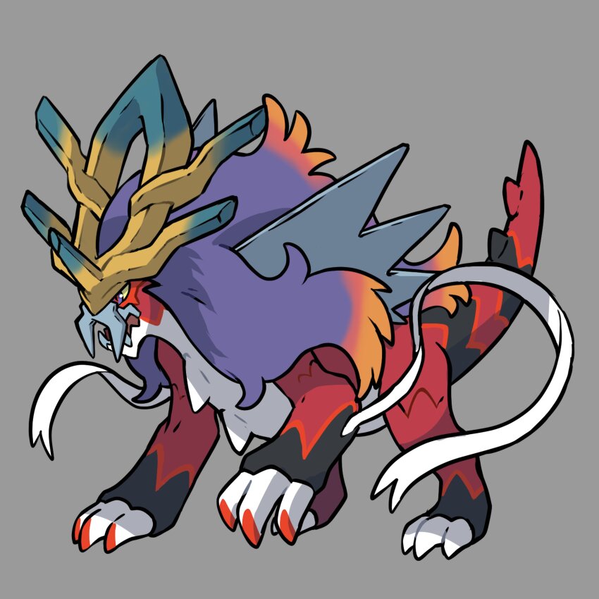 absurdres animal_focus blue_eyes colored_sclera colored_tips commentary english_commentary entei fakemon full_body fusion game_freak gen_2_pokemon grey_background highres legendary_pokemon multicolored_eyes multicolored_hair nintendo no_humans open_mouth orange_hair original pokemon pokemon_(creature) pokemon_focus purple_hair raikou red_eyes red_hair rgreywind ribbon simple_background solo suicune white_ribbon yellow_sclera