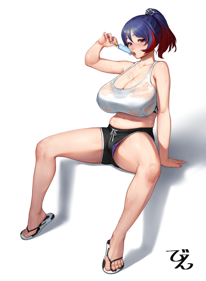 1girl absurdres animal_print armpit_crease artist_logo bare_legs beeeeen black_shorts blue_hair blush bra breasts cleavage commentary commission covered_erect_nipples cow_print eating eyelashes flip-flops food full_body hair_ornament half_updo highres holding holding_food hot invisible_chair jewelry large_breasts licking logo looking_at_viewer multicolored_hair open_mouth original panties panty_peek pixiv_commission plump ponytail popsicle print_sandals purple_panties red_eyes red_hair ring sagging_breasts sandals see-through_clothes see-through_sports_bra shadow short_hair short_shorts shorts simple_background sitting sleeveless solo sports_bra spread_legs streaked_hair sweat thick_thighs thighs toes tongue tongue_out two-tone_hair underwear upshorts wet wet_clothes white_background white_bra
