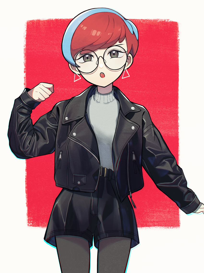 1girl :o absurdres alternate_costume black_jacket black_shorts blue_hair border commentary_request cowboy_shot earrings glasses grey_sweater hand_up highres jacket jewelry long_sleeves multicolored_hair nintendo nori_(hgdm2784) open_clothes open_jacket open_mouth outside_border pantyhose penny_(pokemon) pokemon pokemon_sv red_background red_hair round_eyewear short_hair shorts solo sweater two-tone_hair white_border