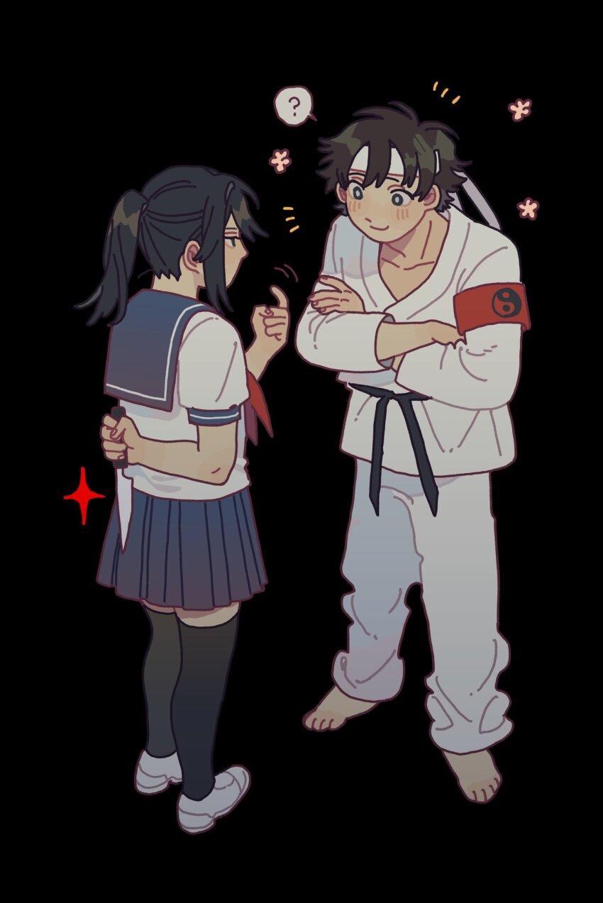 1boy 1girl ? arm_behind_back armband ayano_aishi barefoot beckoning black_background black_eyes black_hair black_thighhighs blush budo_masuta clueless cotimne dougi flower_symbol headband highres holding holding_behind_back holding_knife holding_weapon_behind_back imminent_stabbing kitchen_knife knife leaning_forward martial_arts_belt notice_lines ponytail raised_eyebrows red_armband school_uniform serafuku simple_background smile sparkle thighhighs yandere_simulator yin_yang