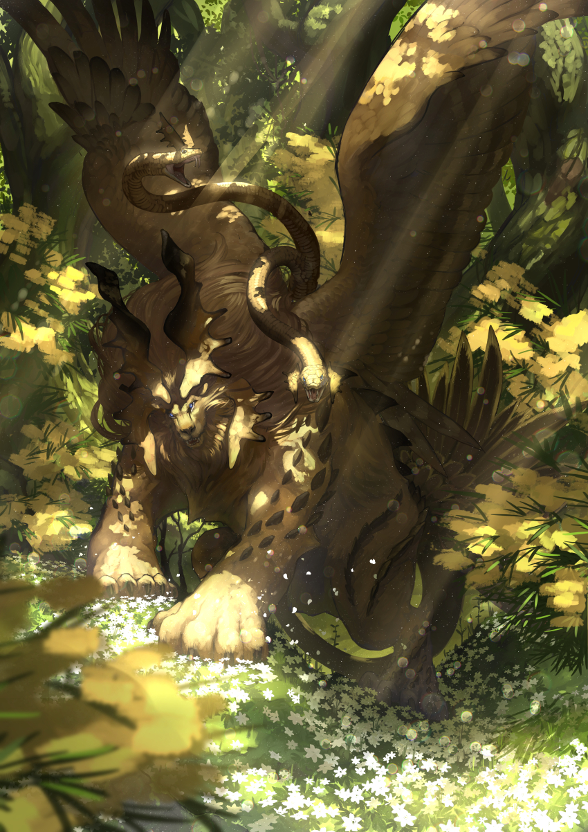 absurdres blurry blurry_foreground claws fangs flower giant giant_monster highres horns light_rays lion looking_at_viewer mane monster no_humans original sharp_teeth snake solo sunlight tagme teeth wings yumo80295386