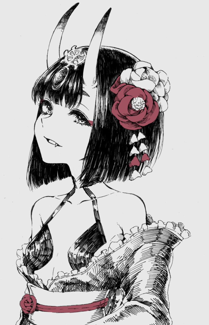 1girl bare_shoulders bob_cut breasts eyeliner fang fate/grand_order fate_(series) flower hair_flower hair_ornament haruhito_(divineshalt) headpiece highres horns japanese_clothes kimono looking_at_viewer makeup obi off_shoulder oni parted_lips sash short_hair shuten_douji_(dress_for_demons)_(fate) shuten_douji_(fate) shuten_douji_(lostroom_outfit)_(fate) simple_background skin-covered_horns small_breasts smile solo spot_color upper_body