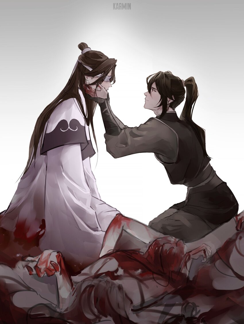 2boys artist_name black_hair black_sash blood blood_on_face blood_on_hands chinese_clothes closed_mouth commentary corpse english_commentary from_side hands_on_another&#039;s_face hanfu high_ponytail highres karmin long_hair long_sleeves looking_at_another male_focus modao_zushi multiple_boys pile_of_corpses ponytail red_eyes sash seiza sitting topknot white_background white_hanfu wide_sleeves xiao_xingchen xue_yang