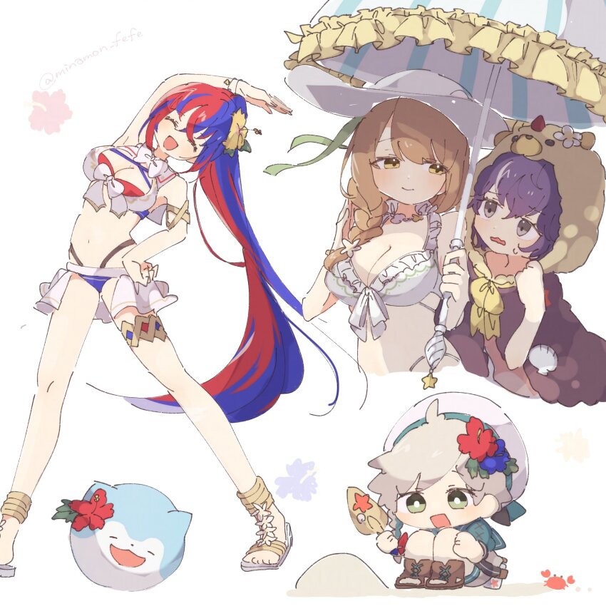 1boy 3girls alear_(female)_(fire_emblem) alear_(female)_(seaside_dragon)_(fire_emblem) alear_(fire_emblem) bernadetta_von_varley bernadetta_von_varley_(summer) bikini blonde_hair blue_bikini blue_hair brown_hair character_ball clanne_(fire_emblem) clanne_(summer)_(fire_emblem) criss-cross_halter crossed_bangs fire_emblem fire_emblem:_three_houses fire_emblem_engage fire_emblem_heroes goldmary_(fire_emblem) goldmary_(summer)_(fire_emblem) halterneck highres long_hair multicolored_bikini multicolored_hair multicolored_swimsuit multiple_girls nintendo official_alternate_costume official_alternate_hairstyle ponytail purple_hair red_bikini red_hair sommie_(fire_emblem) sorane_amus split-color_hair swimsuit two-tone_hair white_bikini
