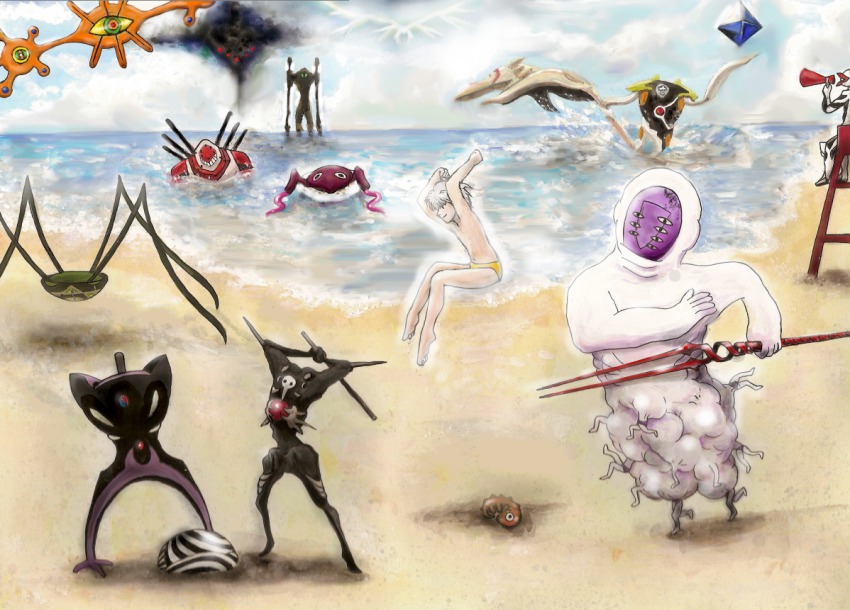 1boy adam_(evangelion) angel_(evangelion) arael armpits arms_up bardiel_(evangelion) barefoot beach bident buried cloud day eva_03 everyone flying gaghiel_(evangelion) holding humanoid_robot israfel_(evangelion) jet_alone jumping kinoppie38 lance_of_longinus_(evangelion) leliel_(evangelion) lilith_(evangelion) male_swimwear mask mass_production_eva matariel megaphone nagisa_kaworu neon_genesis_evangelion ocean outdoors partially_submerged polearm ramiel_(evangelion) robot sachiel_(evangelion) sahaquiel_(evangelion) shamshel_(evangelion) short_hair sitting sky smile standing swim_briefs swimsuit wading water what white_hair yellow_male_swimwear yellow_swim_briefs zeruel_(evangelion)