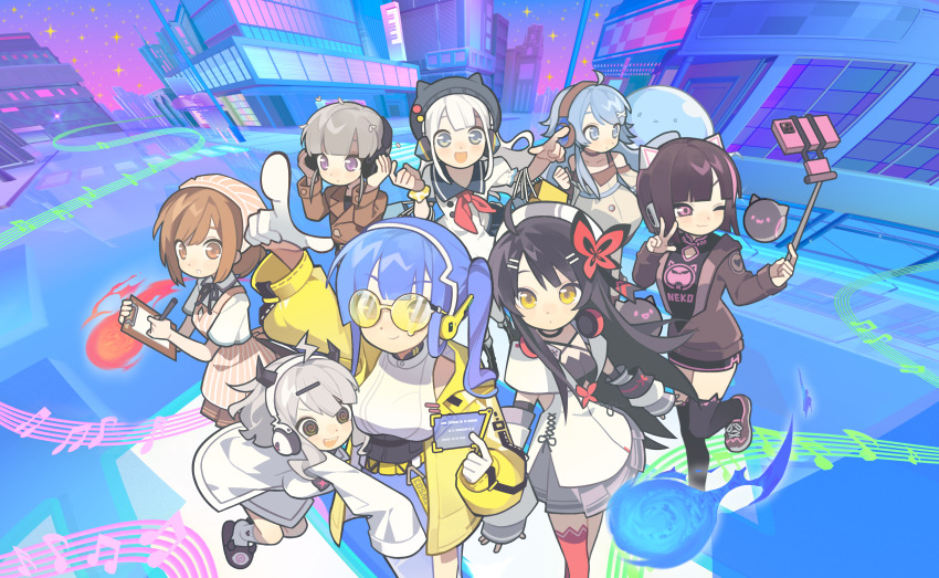 6+girls :d ;3 @_@ absurdres ahoge animal_ears apron artist_request asakura_neko bag beamed_eighth_notes beanie belt beret black_eyes black_hair black_headphones black_horns black_jacket black_ribbon black_sailor_collar black_shirt black_shoes black_shorts black_slippers black_thighhighs blue_eyes blue_hair blue_shorts blunt_bangs blunt_ends blush bob_cut brown_coat brown_eyes brown_hair brown_skirt butterfly_hair_ornament cat_ears cellphone chelsea_(voez) city clipboard closed_mouth coat collared_shirt crossover cytus cytus_ii deemo deemo_ii detached_sleeves dress echo_(deemo) eighth_note fake_animal_ears fake_horns framed_breasts geopelia gloves grey_hair grey_hat hair_ornament hairclip halterneck hands_on_headphones hat headphones headphones_around_neck headscarf highres holding holding_clipboard holding_pen horned_headwear horns ilot_(rotaeno) jacket kiwi_(rizline) lightning_bolt_symbol long_hair long_sleeves marija_(muse_dash) meowbot multicolored_eyes multicolored_hair multiple_crossover multiple_girls muse_dash musical_note musical_staff neck_ribbon neckerchief official_art one_eye_closed one_side_up open_mouth outdoors pen phigros phone pink_apron pink_headscarf pink_streaks pointing pointing_up psd_available puffy_short_sleeves puffy_sleeves purple_eyes q-chan_(yunyun_denpa_syndrome) rainbow_eyes red_headphones red_neckerchief red_thighhighs ribbon rizline rotaeno sailor_collar sailor_dress scrunchie second-party_source selfie_stick sharp_teeth shirt shoes shopping_bag short_hair short_sleeves shorts sidelocks single_thighhigh sixteenth_note skirt sleeveless sleeveless_sweater sleeves_past_fingers sleeves_past_wrists slippers smartphone smile sneakers socks star_(sky) streaked_hair striped_apron striped_clothes sunglasses sweater teeth thighhighs tinted_eyewear trench_coat two-tone_hair vertical-striped_apron vertical-striped_clothes voez w white_dress white_gloves white_hair white_hat white_headphones white_jacket white_shirt white_sleeves white_socks white_sweater wrist_scrunchie yellow-tinted_eyewear yellow_belt yellow_eyes yellow_jacket yoso_(rizline) yunyun_denpa_syndrome