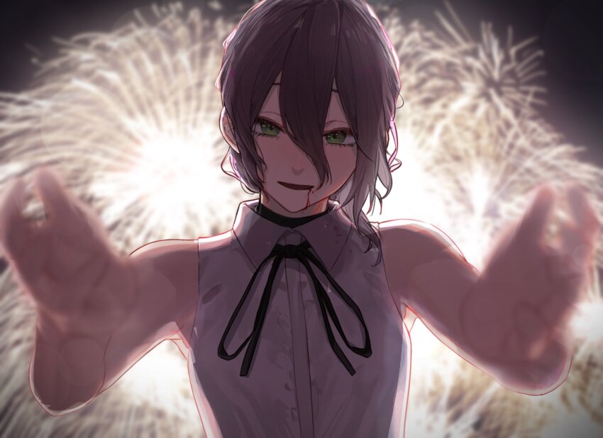 1girl aerial_fireworks black_choker blood blood_from_mouth breasts chainsaw_man choker fireworks foreshortening hair_between_eyes highres incoming_hug looking_at_viewer neck_ribbon reaching reaching_towards_viewer reze_(chainsaw_man) ribbon sawatani_(_swt2) shirt sleeveless sleeveless_shirt small_breasts smile solo upper_body white_shirt