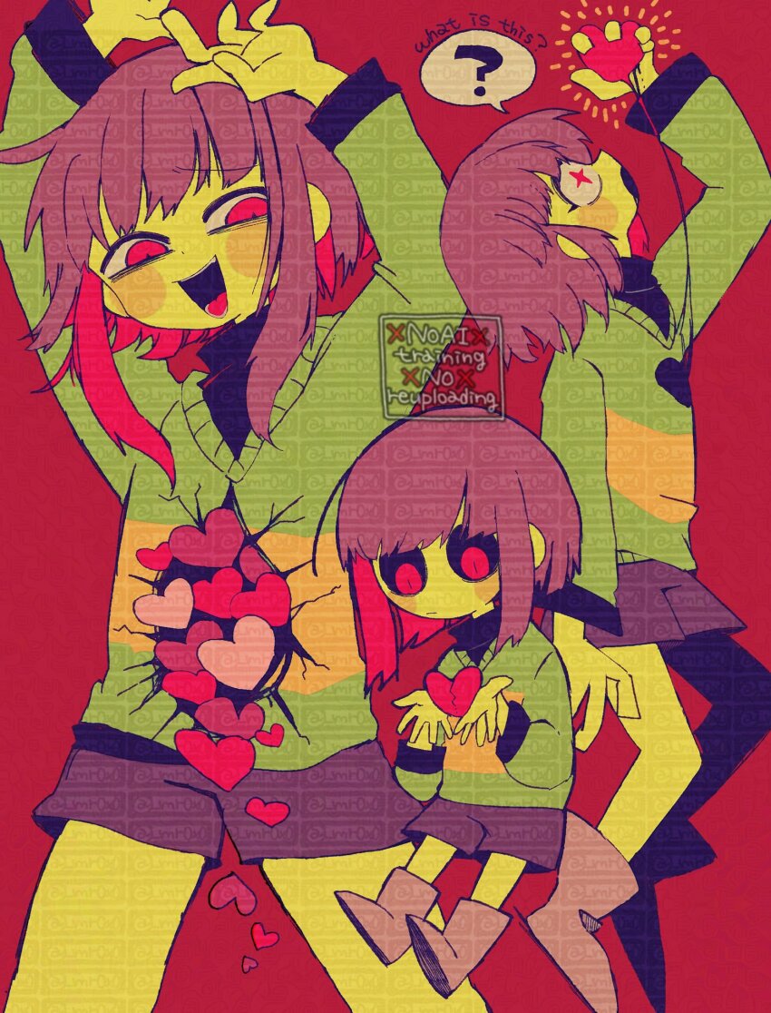 1other ? adversarial_noise arms_up black_sclera boots brown_boots brown_hair brown_shorts chara_(undertale) colored_sclera cracked_skin english_text green_sweater heart highres holding holding_heart mr0x0 multicolored_hair multiple_views red_background red_eyes red_hair short_hair shorts spoken_question_mark striped_clothes striped_sweater sweater too_many_watermarks two-tone_hair undertale watermark watermark_grid