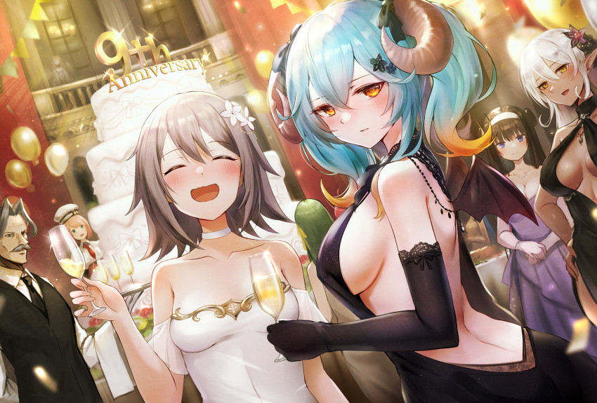 1boy 6+girls :d =_= aigis_(sennen_sensou_aigis) alcohol anniversary aqua_hair augusta_(sennen_sensou_aigis) backless_dress backless_outfit balcony balloon banner bare_shoulders black_dress black_gloves black_necktie black_ribbon black_wings blush breasts breasts_apart brown_hair bunting butler cake center_opening champagne champagne_flute character_request choker cleavage collarbone commentary cup curled_horns dark-skinned_female dark_elf dark_skin demon_girl demon_horns double_bun dress drink drinking_glass elbow_gloves elf facial_hair flipped_hair flower food glint gloves gradient_hair green_hair grey_hair hair_between_eyes hair_bun hair_flower hair_ornament hair_ribbon hairband halter_dress halterneck hand_on_own_hip hat highres holding holding_cup holding_drink holding_tray horns indoors kai_(esugi) lace lace-trimmed_gloves lace_trim lapis_(sennen_sensou_aigis) layer_cake long_hair looking_at_viewer looking_back medium_breasts mini_wings multicolored_hair multiple_girls mustache necktie open_mouth orange_hair own_hands_together party pointy_ears purple_dress ribbon rinne_(sennen_sensou_aigis) sennen_sensou_aigis shirt sideboob smile strapless strapless_dress tray twintails umbre_(sennen_sensou_aigis) viktor_(sennen_sensou_aigis) white_choker white_dress white_hair white_hairband white_shirt window wings