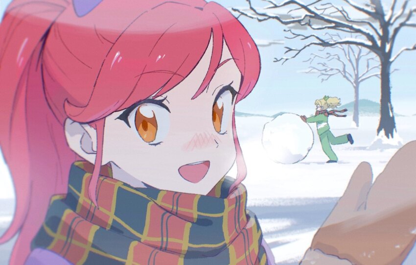 2girls aikatsu! aikatsu!_(series) blonde_hair blue_sky blush close-up coat day glasses green_coat green_pants happy mittens multiple_girls nose_blush one_eye_closed orange_eyes otoshiro_seira outdoors pants ponytail red_hair rii_(mrhc7482) saegusa_kii scarf shoes sky smile snow snowball teeth tree upper_teeth_only winter winter_clothes winter_coat