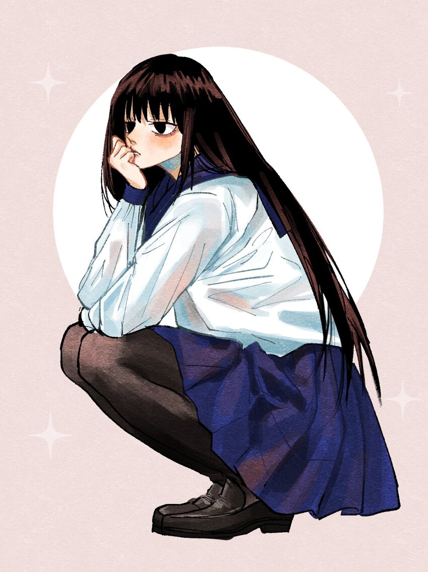 1girl alternate_costume black_eyes black_hair black_pantyhose black_shoes blue_skirt closed_mouth commentary elbow_on_knee expressionless full_body hand_on_own_chin highres knees_up long_hair osaragi_(sakamoto_days) pantyhose sakamoto_days school_uniform serafuku shirt shoes skirt solo sonono71 sparkle white_serafuku white_shirt
