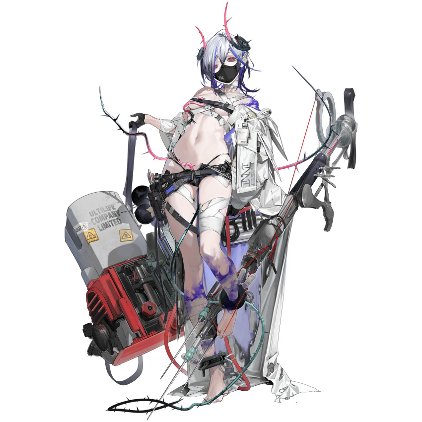 1girl albino artist_request bandaged_leg bandages barefoot belladonna_(neural_cloud) black_gloves blue_hair breasts chest_belt cuffs full_body game_cg girls&#039;_frontline girls&#039;_frontline_neural_cloud gloves highres horns lab_coat looking_at_viewer mask midriff mouth_mask navel needle off_shoulder official_art shackles short_shorts shorts small_breasts solo standing third-party_source thorns transparent_background white_hair