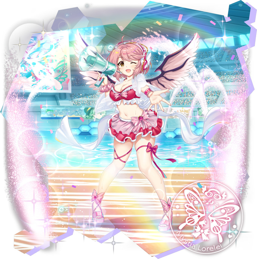 1girl alternate_costume bikini bikini_skirt bird_wings blush breasts character_name cleavage collarbone confetti game_cg headphones highres holding holding_megaphone komeiji_koishi large_breasts leg_ribbon lens_flare looking_at_viewer megaphone mystia_lorelei navel official_art one_eye_closed open_mouth outdoors pink_hair red_bikini red_nails red_skirt ribbon rotte_(1109) scrunchie skirt smile solo sparkle stadium stomach swimsuit thigh_ribbon third-party_source touhou touhou_lostword transparent_background wings wrist_scrunchie