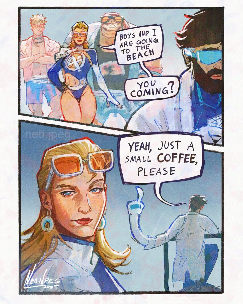 1girl 3boys absurdres beard ben_grimm blonde_hair blue_bodysuit blue_eyes bodysuit breasts earrings facial_hair fantastic_four gloves highres jewelry johnny_storm large_breasts long_hair looking_at_viewer marvel marvel_rivals multicolored_bodysuit multiple_boys neo_jpeg reed_richards sue_storm superhero_costume two-tone_bodysuit white_bodysuit