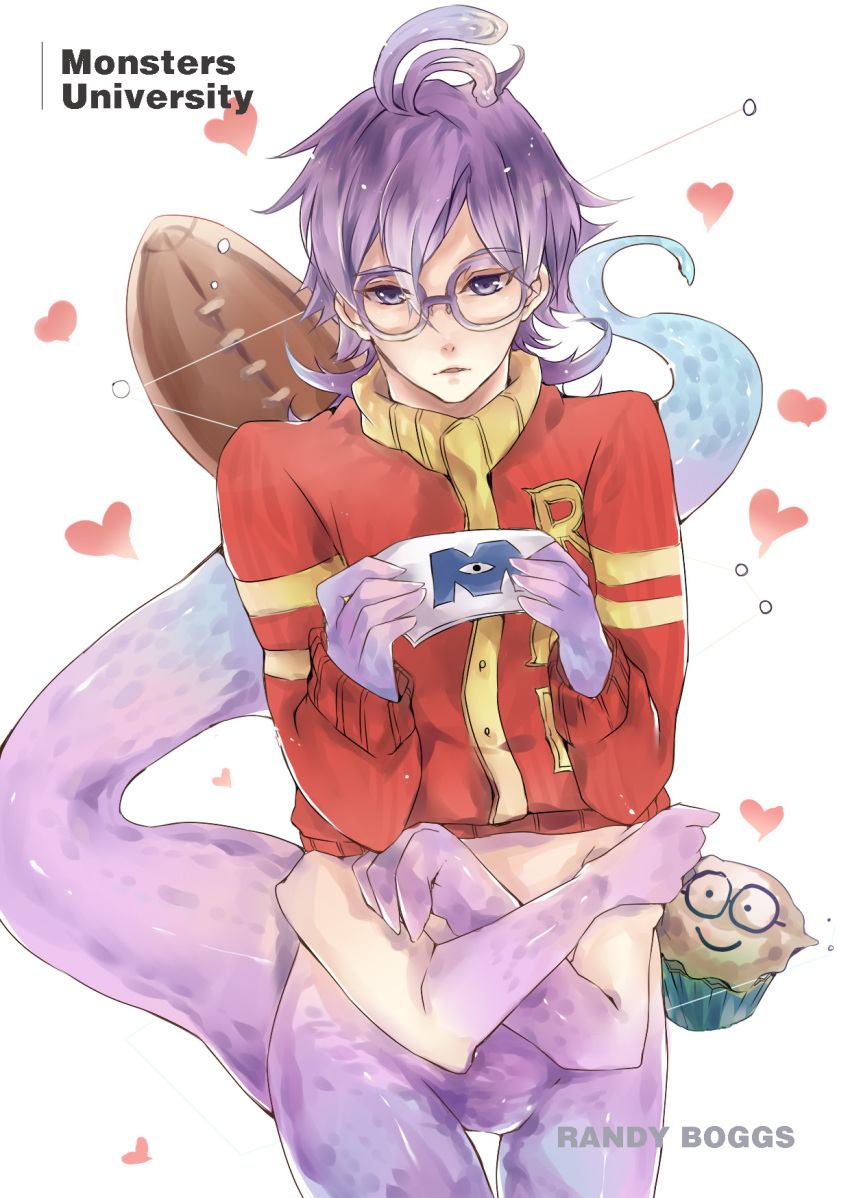 1boy colored_skin glasses green_eyes highres humanization ling6927 lizard_tail long_hair male_focus monsters_inc. monsters_university necktie personification purple_hair purple_skin randall_boggs sharp_teeth slit_pupils tail teeth yaoi