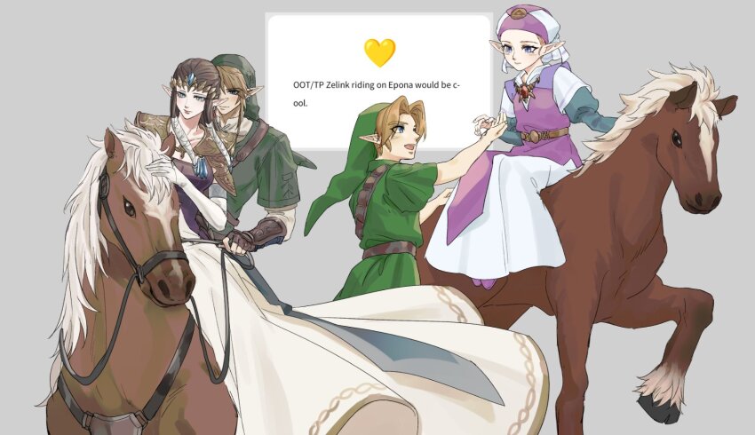 2boys 2girls alternate_universe armor blonde_hair blue_eyes breasts brown_hair brown_horse crown dress elbow_gloves english_text epona gloves green_hat grey_background hair_between_eyes hair_ribbon hat highres holding holding_reins horseback_riding juliet_sleeves kurokawa_karasu link long_dress long_hair long_sleeves medium_breasts mob_cap multiple_boys multiple_girls nintendo open_mouth parted_bangs pauldrons pointy_ears pointy_hat princess_zelda puffy_sleeves reins ribbon riding short_hair short_sleeves shoulder_armor sidelocks smile the_legend_of_zelda the_legend_of_zelda:_ocarina_of_time the_legend_of_zelda:_twilight_princess wavebox white_dress white_gloves white_ribbon