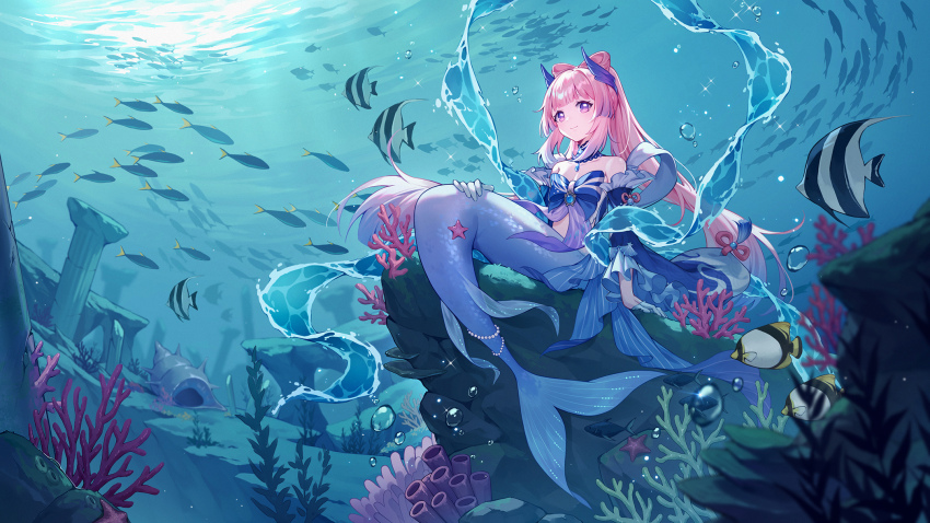 1girl air_bubble arm_support bare_shoulders bead_tail_ornament beads blue_bow blue_hair blue_kimono blunt_bangs blush bow bow-shaped_hair bubble butterflyfish closed_mouth collarbone commentary_request coral detached_collar eyelashes fins fish fish_tail floating_hair frilled_sleeves frills genshin_impact gloves gradient_hair hair_ornament half_gloves highres japanese_clothes kimono long_hair long_sleeves looking_at_viewer mermaid monster_girl moorish_idol multicolored_hair off_shoulder open_clothes open_kimono panpanmeiyou_hp pillar pink_hair purple_eyes purple_ribbon ribbon rock ruins sangonomiya_kokomi school_of_fish seashell seaweed shell short_eyebrows sidelocks sitting smile solo sparkle starfish tail tassel underwater very_long_hair vision_(genshin_impact) water white_gloves wide_sleeves