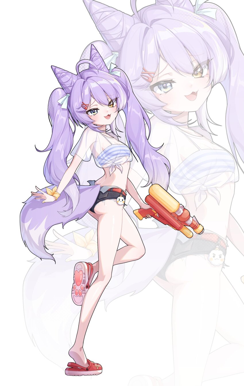 1girl absurdres ahoge breasts charachan900 cone_hair_bun double_bun fang fox_girl fox_tail full_body hair_bun heterochromia highres holding holding_water_gun long_hair looking_at_viewer open_mouth purple_tail sandals shirt short_hair short_shorts shorts sitting small_breasts smile standing standing_on_one_leg stellive stomach swimsuit tail tenko_shibuki twintails very_long_hair virtual_youtuber water_gun white_shirt zoom_layer