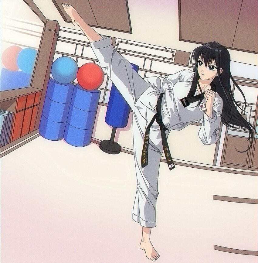 1girl ball belt black_belt black_hair black_trim choi_yu-jin_(bcdsg) collarbone dobok dojo exercise_ball fighting grey_eyes high_kick highres indoors kicking korean_text long_hair looking_at_foot mirror original parted_lips solo south_korean_flag sparkling_eyes straight_hair strawww_coms taekwondo toenails