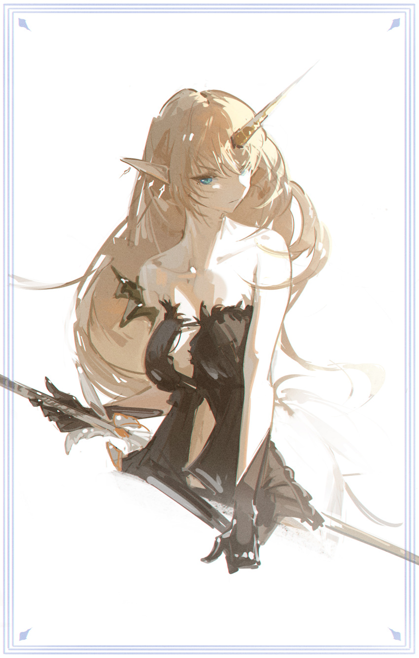 1girl absurdres bare_shoulders black_dress blonde_hair blue_eyes breasts closed_mouth collarbone commentary cropped_torso dress dudrinm fleurdelys_(wuthering_waves) gauntlets highres holding holding_sword holding_weapon horns large_breasts long_hair looking_at_viewer pointy_ears single_horn solo sword weapon wuthering_waves yellow_horns