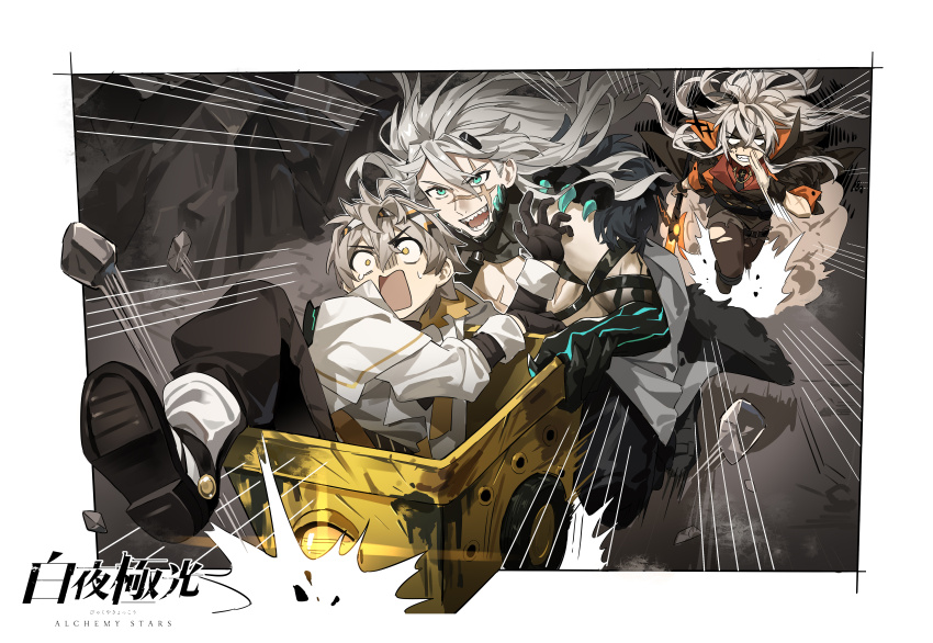 1girl 2boys :d absurdres alchemy_stars anger_vein barton_(alchemy_stars) black_footwear black_gloves black_necktie black_pants black_pantyhose blue_eyes border cave cave_interior copyright_name emphasis_lines evil_grin evil_smile gloves grey_hair grey_shorts grin highres in_cart jacket logo long_hair looking_ahead minecart multiple_boys navigator_(alchemy_stars) necktie official_art open_mouth orange_shirt outside_border pants pantyhose partially_shaded_face reinhardt_(alchemy_stars) rock running scar scar_on_face scared shaded_face sharp_teeth shirt shorts smile tearing_up teeth torn_clothes torn_pantyhose white_border white_hair white_jacket wufaxianshi_cnd
